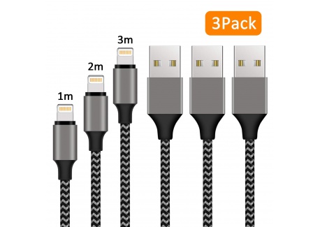Cable iPhone chargeur iphone USB -  Pack de 3, 1m+2m+3m  en Nylon Tressé avec Connecteur en Aluminium pour iPhone X/XS/XR/8/7