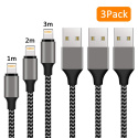 Cable iPhone chargeur iphone USB -  Pack de 3, 1m+2m+3m  en Nylon Tressé avec Connecteur en Aluminium pour iPhone X/XS/XR/8/7