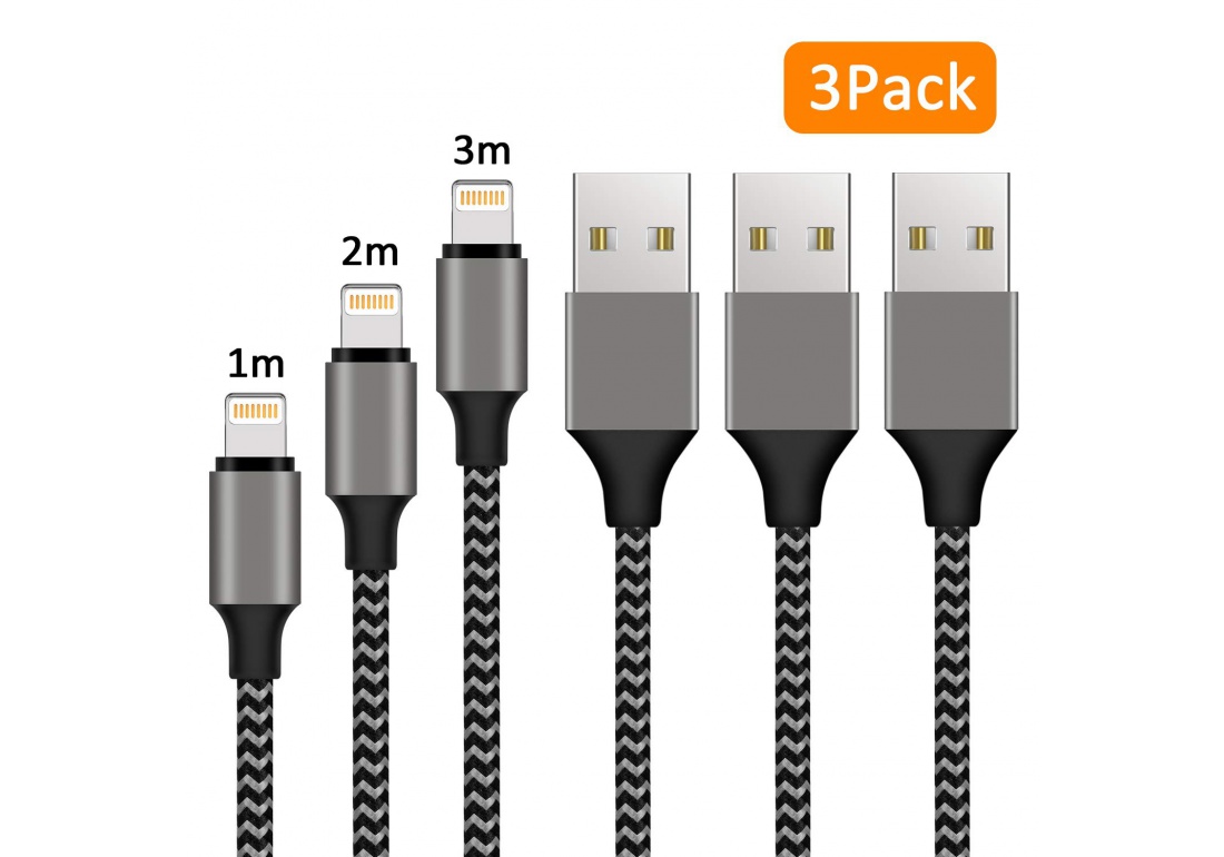 Cable iPhone chargeur iphone USB - Pack de 3, 1m+2m+3m en Nylon