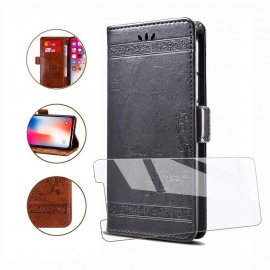 HYMY Coque pour DOOGEE Y8 + Verre Trempé - Rétro Élégant - Cuir Housse TPU Silicone Slot Flip Portefeuille Fente Étui Cover p