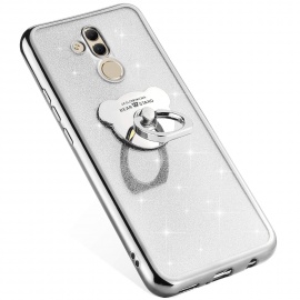 Compatible avec Huawei Mate 20 Lite Coque Silicone Luxe Paillette Brillante Bling Glitter Coque + Ours Bague Support TPU Ultr