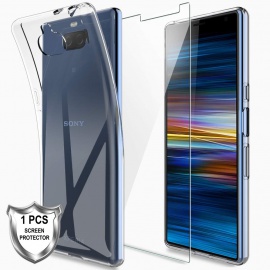 LK Coque pour Sony Xperia 10, Souple Flexible Silicone Gel Housse TPU Case Cover avec Verre Trempé Protection écran[1 Pièces]