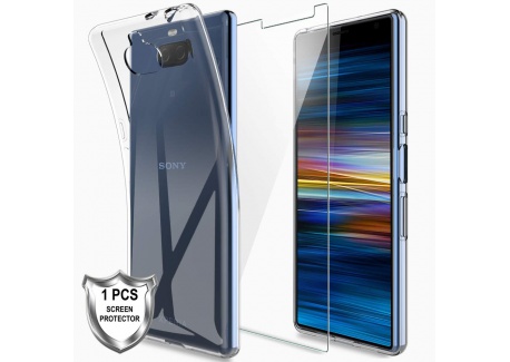 LK Coque pour Sony Xperia 10, Souple Flexible Silicone Gel Housse TPU Case Cover avec Verre Trempé Protection écran[1 Pièces]