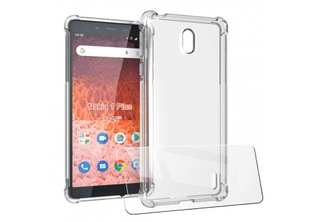 LJSM Coque + Verre trempé pour Nokia 1 Plus  5.45"  - Ultra Mince Cristal Limpide Étui de Protection Absorption de Choc avec 