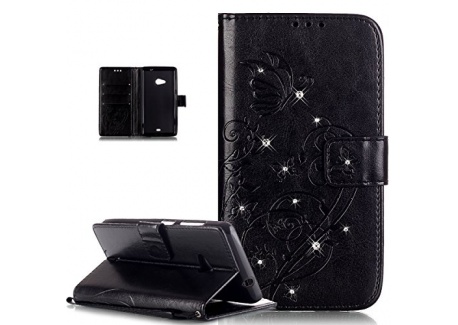 ikasus Compatible avec Coque Microsoft Lumia 535 Etui Bling Sparkle Diamant Motif Embosser Fleur Vines Papillons Cuir PU Hous