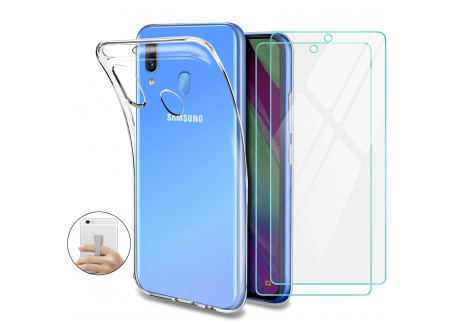 Younme Coque Samsung Galaxy A40 Silicone Transparente, [Lot de 2] Verre trempé écran Protecteur + Souple TPU Étui Protection 