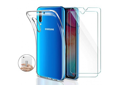 Younme Coque Samsung Galaxy A50 Silicone Transparente, [Lot de 2] Verre trempé écran Protecteur + Souple TPU Étui Protection 