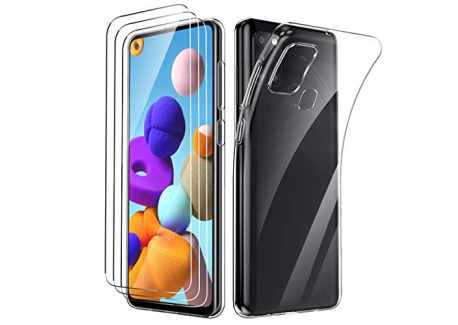 Oududianzi - Coque pour Samsung Galaxy A21S + [3X Protection décran en Verre Trempé], Housse Souple Clair Mince Étui en Sili