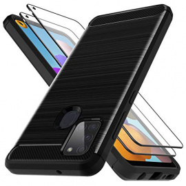 LK Coque Compatible avec Samsung Galaxy A21s -2 × Verre Trempé Protection écran, Protection Complète Flexible en TPU Brossé H