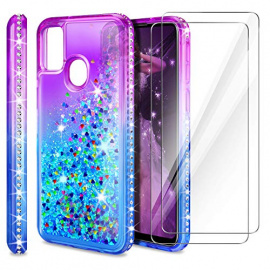 AROYI Coque Compatible avec Samsung Galaxy A21S avec 2 pièces Verre Trempé Écran Protecteur, Liquide Paillette Dégradé Transp