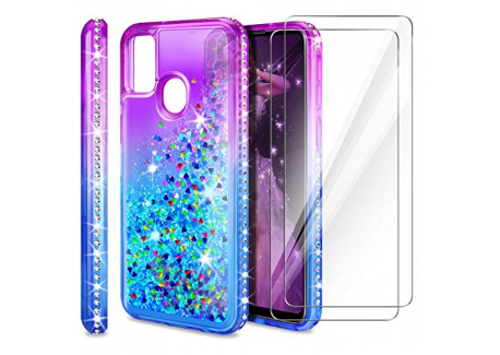 AROYI Coque Compatible avec Samsung Galaxy A21S avec 2 pièces Verre Trempé Écran Protecteur, Liquide Paillette Dégradé Transp