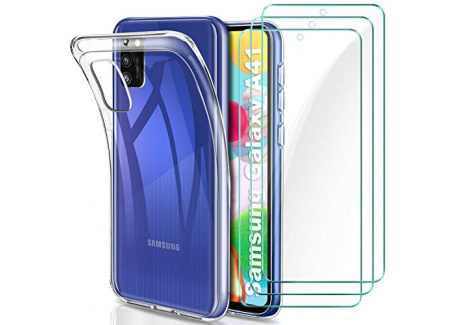 YNMEacc Coque pour Samsung A41, Silicone Transparente Case Souple Étui Protection Bumper Housse avec [Lot de 3] Verre trempé 