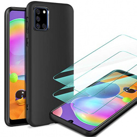 AROYI Coque Compatible avec Samsung Galaxy A31 et 2 Verre Trempé écran Protecteur, Noir Etui Housse de Protection Mate Légère