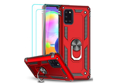 LeYi Coque pour Samsung A31 avec [2 Pièces] Verre Trempé Anneau Support, Double Couche Renforcée Défense Bumper TPU Silicone 