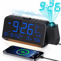 Mesqool Radio Réveil Projection, Réveil Numérique Projecteur avec Variateur à 5 Niveaux, Mode Jours Ouvrables/Week-End, 2 Ala