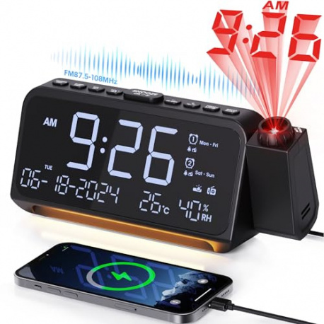 Mesqool Radio Réveil Projection, Réveil Numérique Projecteur avec Variateur à 5 Niveaux, Mode Jours Ouvrables/Week-End, 2 Ala