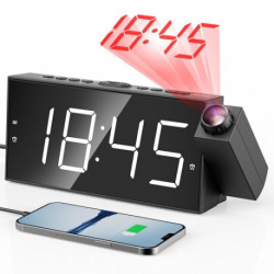 Réveil à Projection Plafond Heure, Horloge Enfant et Murale, 7" Grand Écran LED Reveil Projecteur 180°, Luminosité Réglable à