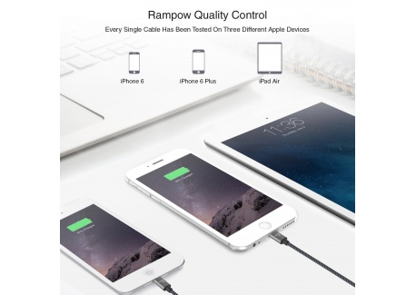 Câble iPhone USB 2 m Rampow® MFI certifié Apple en Fibre de Nylon Tressé - Charge rapide - Gris sidéral